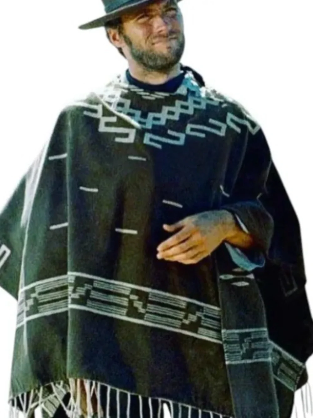 olive green Mexican-style blanket poncho featuring a geometric pattern